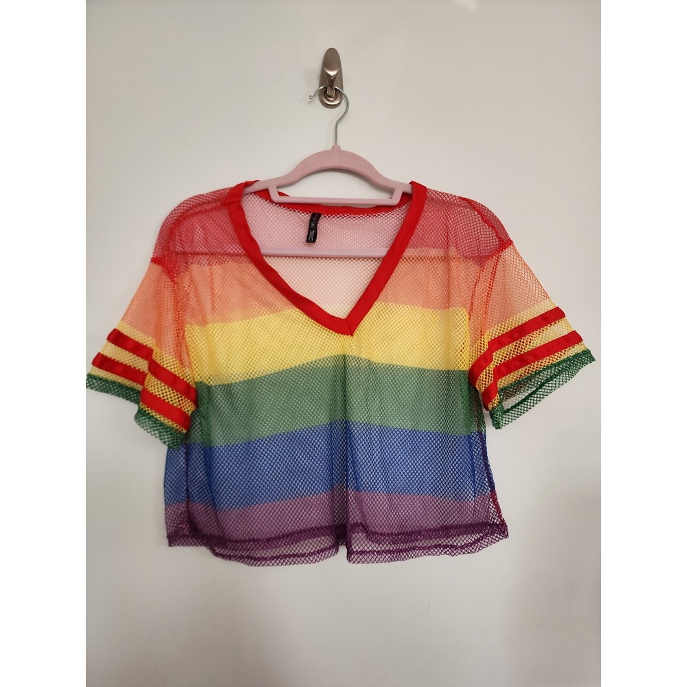 Rainbow Mesh Fishnet Crop Top Pride Festival Rave V-Neck Sheer Small